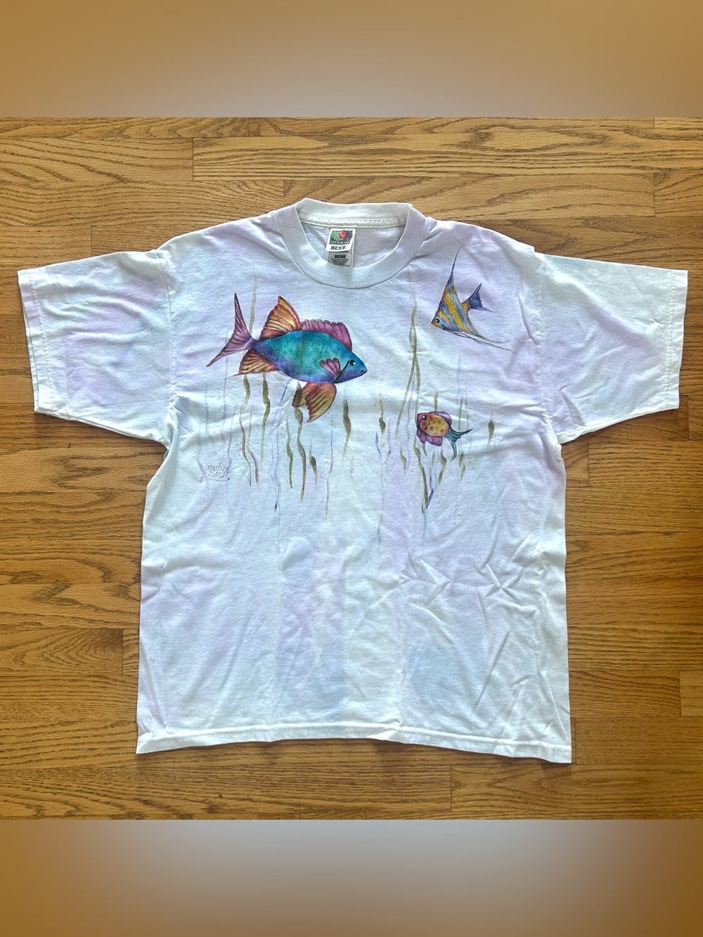 Vintage 90s Hand Painted Glitter Fish T Shirt Fruit Loom BEST Large Ocean Tee